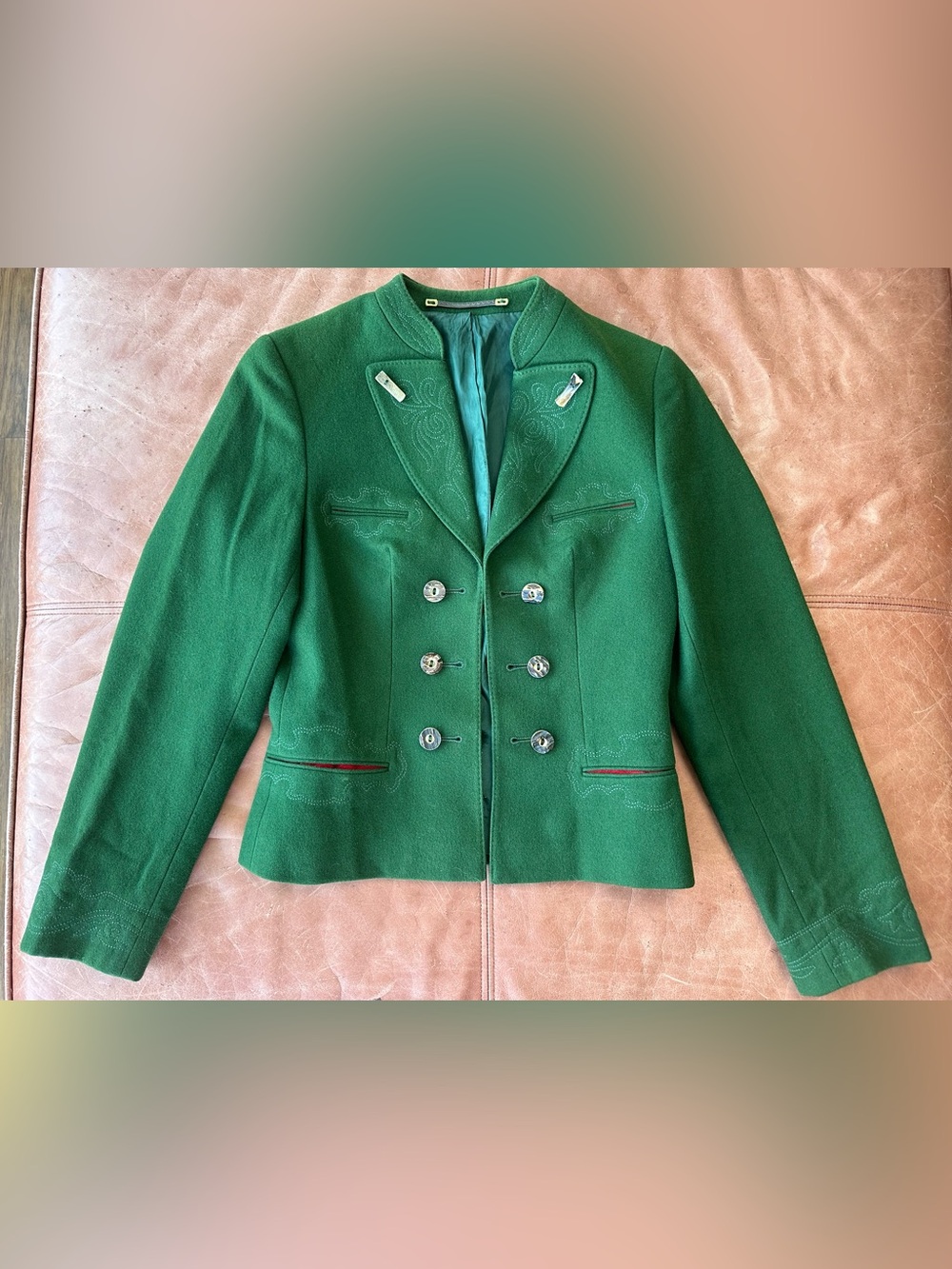 VTG 90s Austrian Green Wool Blend Trachten Julius Lang Jacket Women 6/8 US 36 EU
